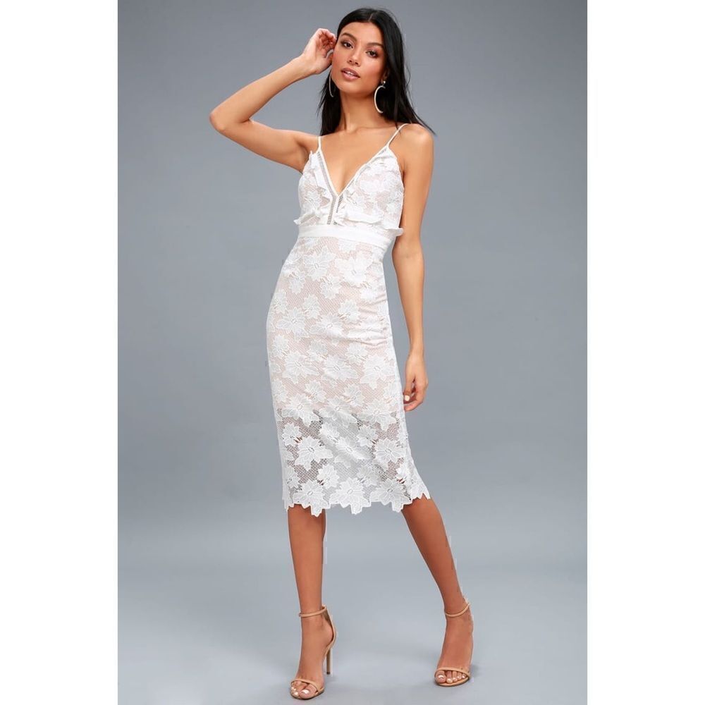 NWT Bardot Vienna White Lace Overlay Nude Illusion Midi Dress, 8/Medium